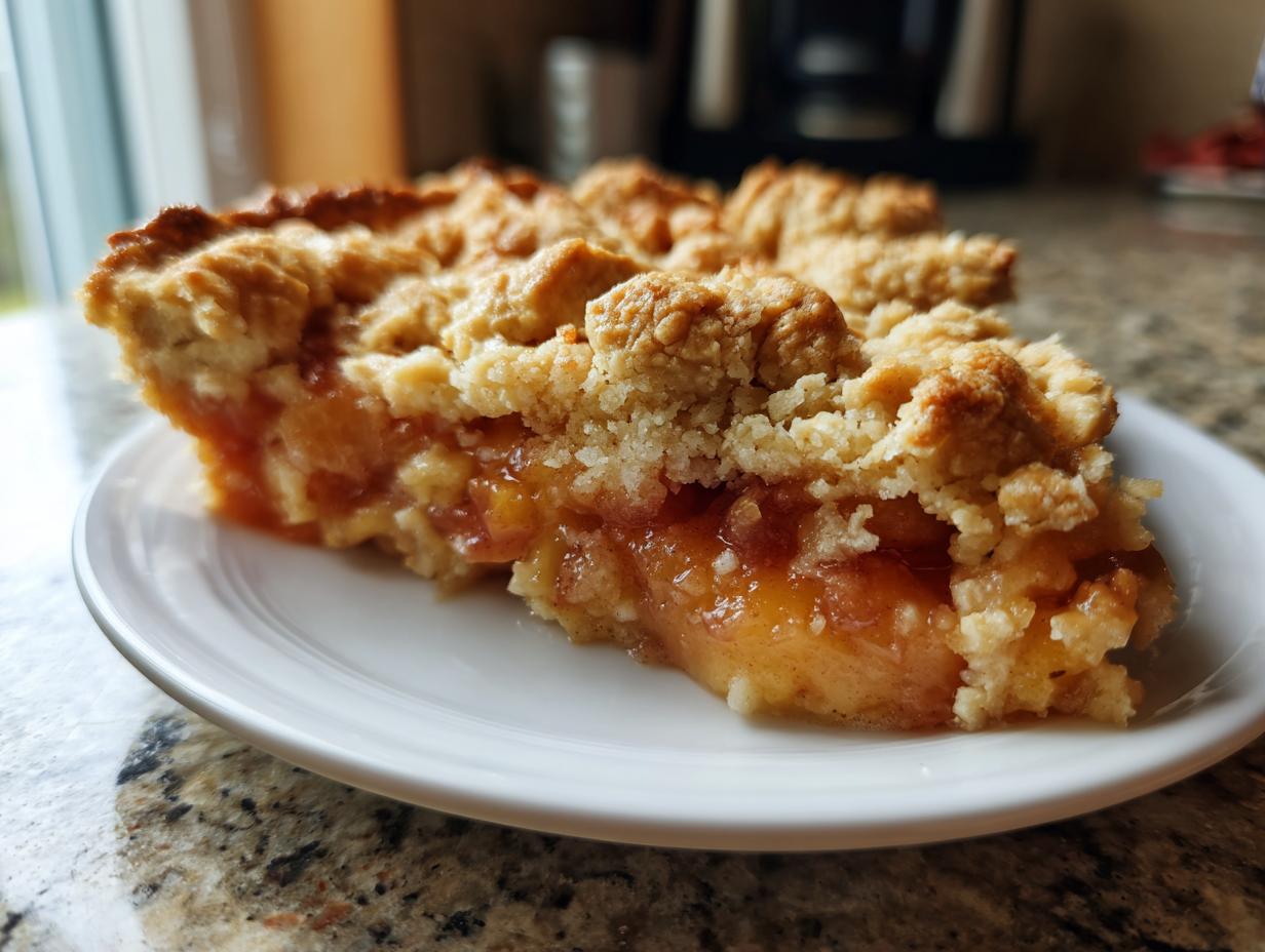A close-up of a delicious slice of homemade peach cobbler with a golden-brown crumble topping.