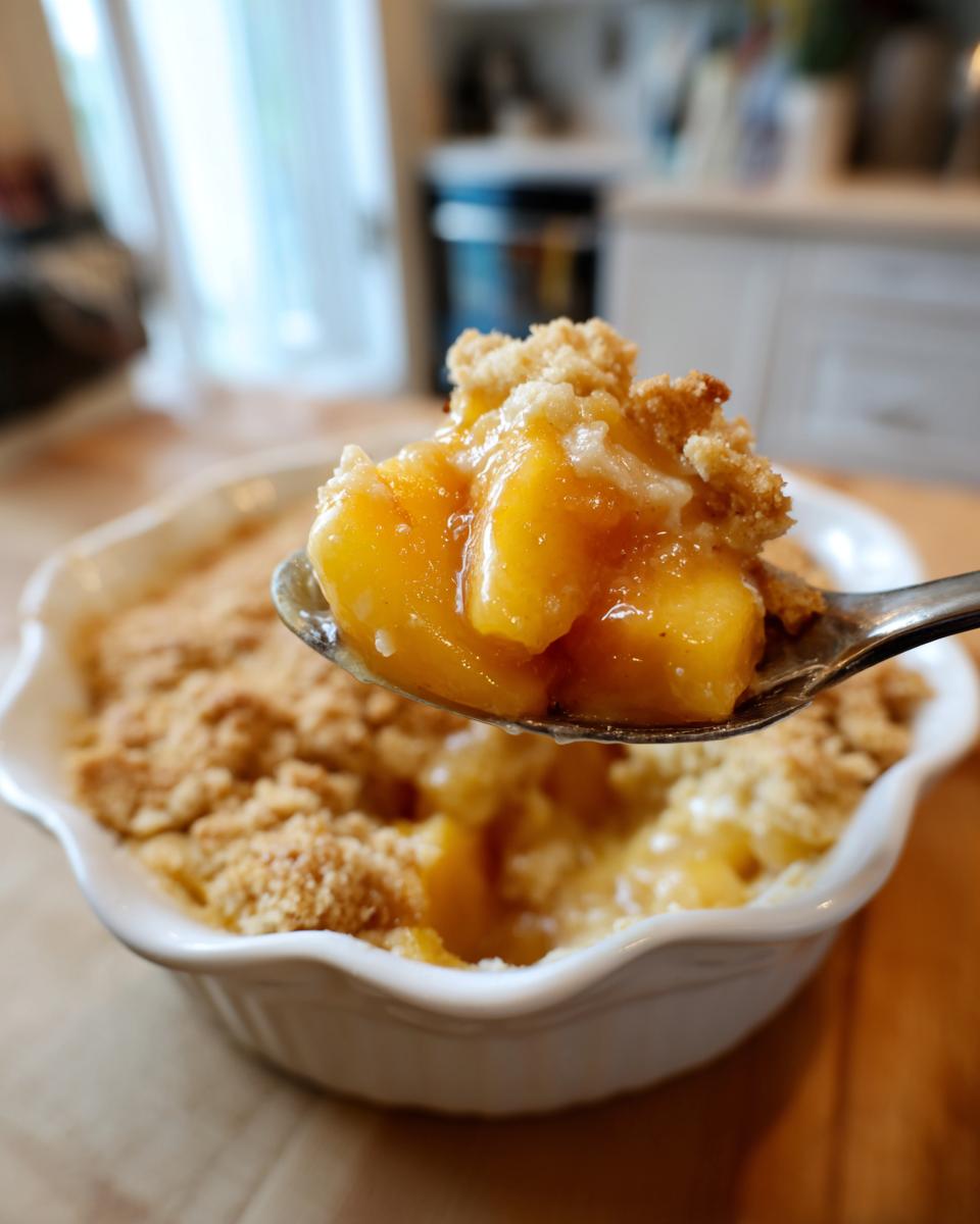 A spoonful of warm, gooey homemade peach cobbler with a crumbly topping.