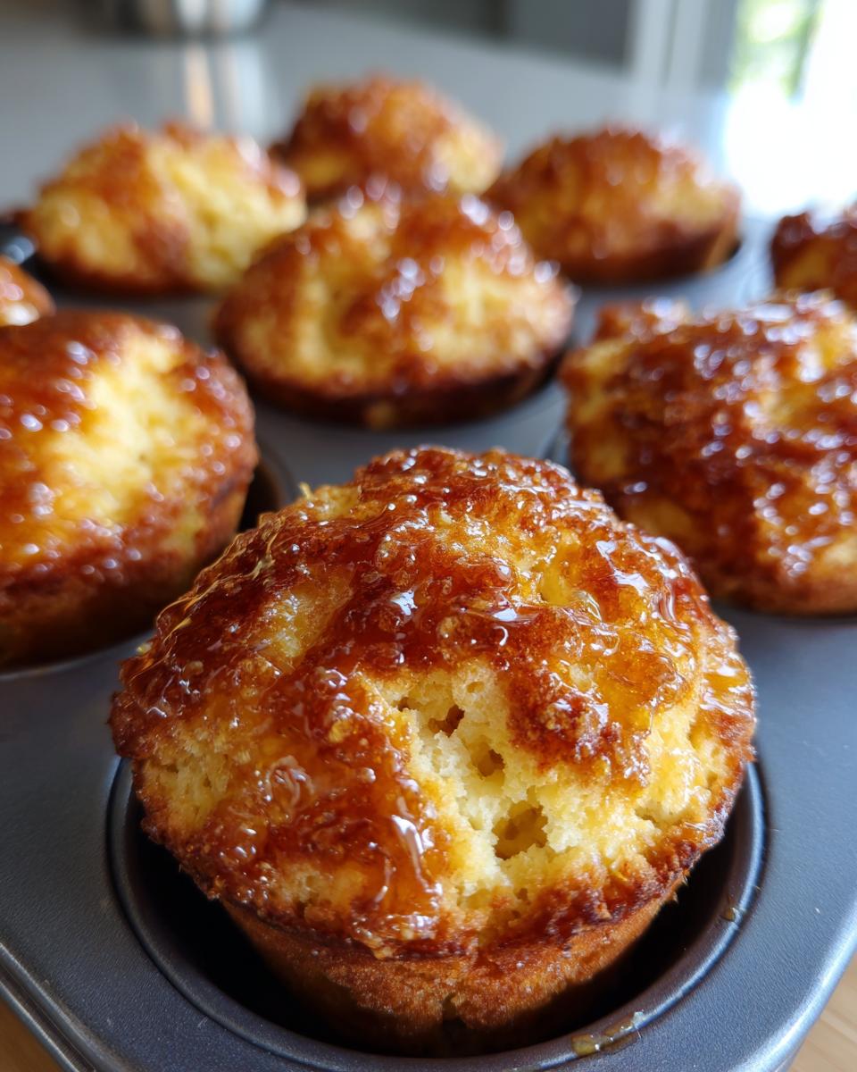 Close-up of golden honey butter cornbread poppers glistening with a sweet glaze in a muffin tin.