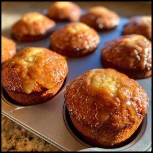 Close-up of golden honey butter cornbread poppers in a muffin tin, glistening with glaze.
