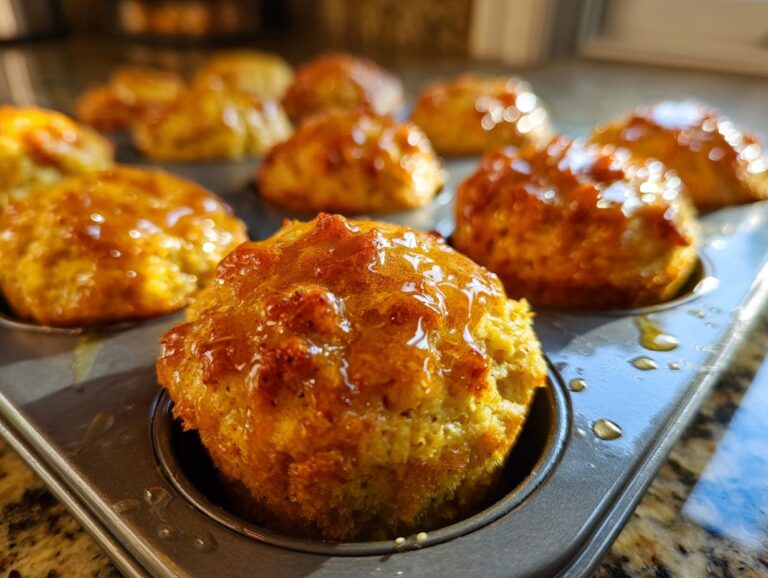 Close-up of golden honey butter cornbread poppers baked in a muffin tin, glistening with honey glaze.