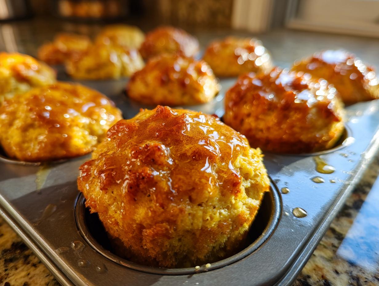 Close-up of golden honey butter cornbread poppers baked in a muffin tin, glistening with honey glaze.