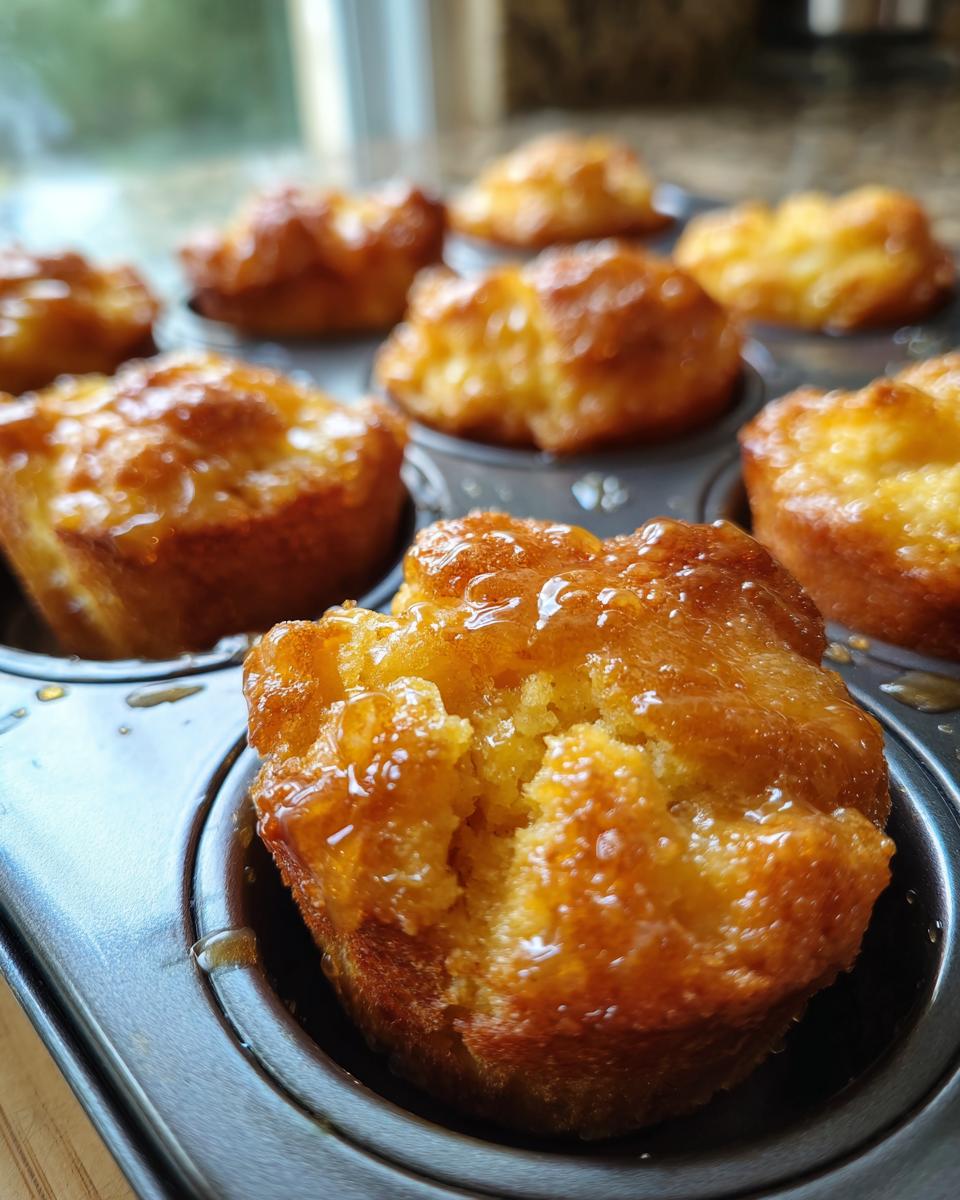 Close-up of golden honey butter cornbread poppers glistening with syrup in a muffin tin.