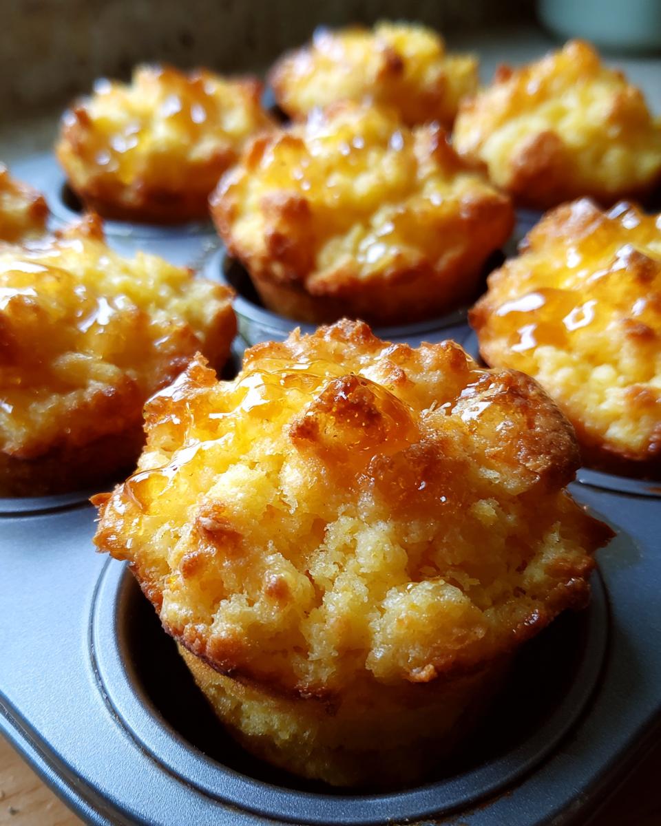 Close-up of golden honey butter cornbread poppers in a muffin tin, glistening with honey.