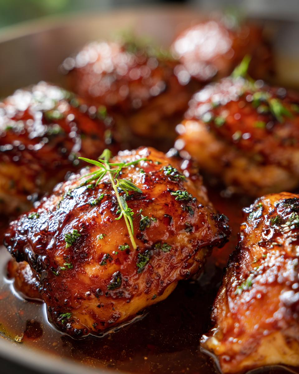 Close-up of glistening honey garlic chicken thighs baked in a pan, garnished with fresh herbs.