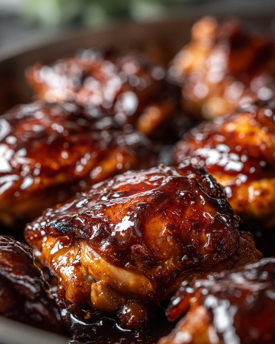 Close-up of glistening, glazed honey garlic chicken thighs, showing a rich, dark sauce.
