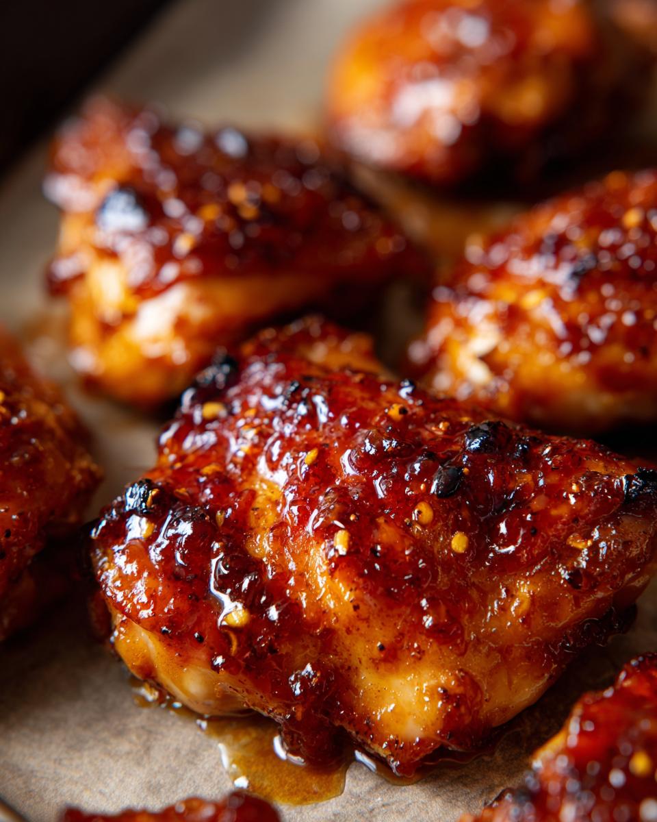Close-up of glistening honey garlic chicken thighs, coated in a rich, sticky sauce with visible spices.