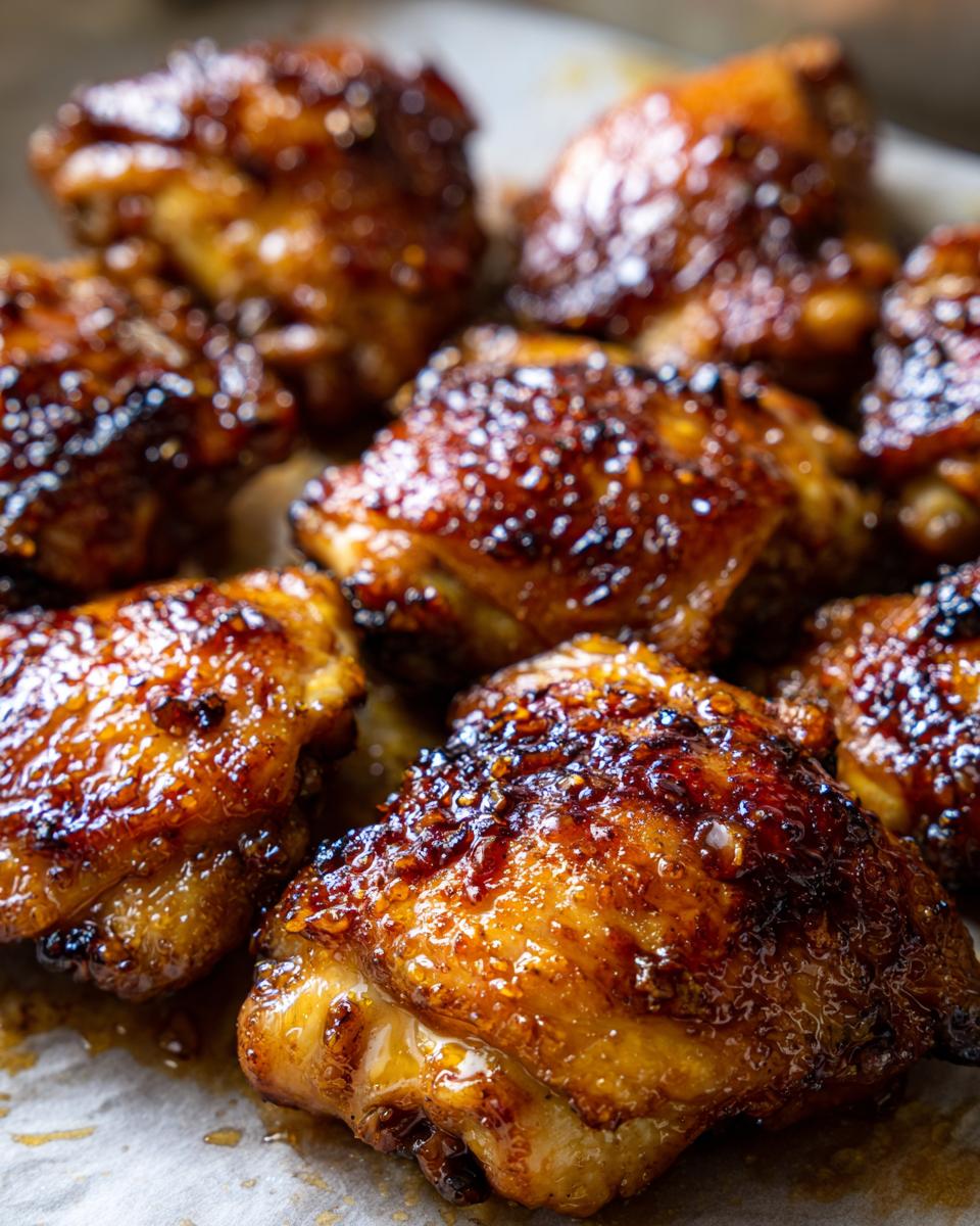 Close-up of glistening honey garlic chicken thighs, perfectly cooked and glazed.