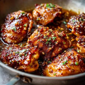 Close-up of juicy honey garlic chicken thighs glistening in a pan with a savory sauce and sprinkled herbs.