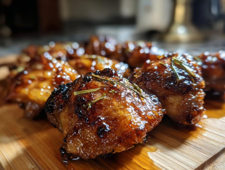 Close-up of glistening honey garlic chicken thighs seasoned with fresh rosemary on a wooden board.