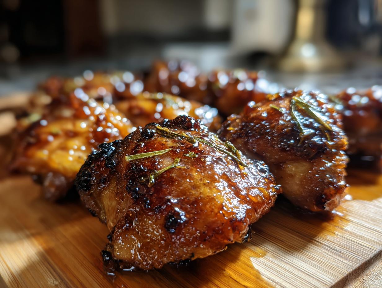 Close-up of glistening honey garlic chicken thighs seasoned with fresh rosemary on a wooden board.
