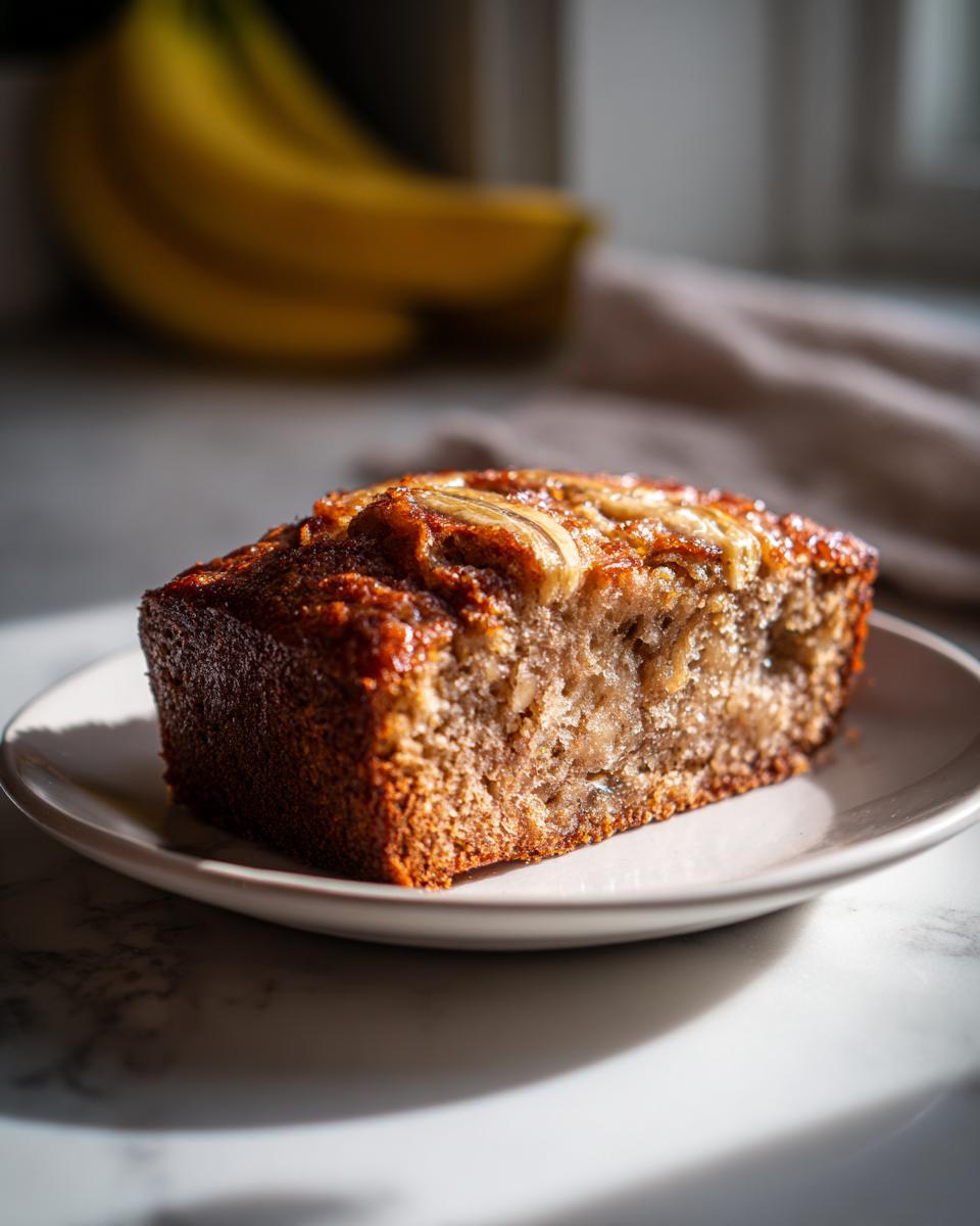 A slice of moist Honey Vanilla Banana Bread on a white plate, topped with banana slices.