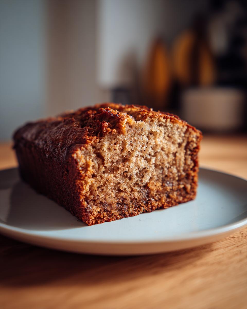 A close-up of a slice of moist honey vanilla banana bread on a light blue plate.