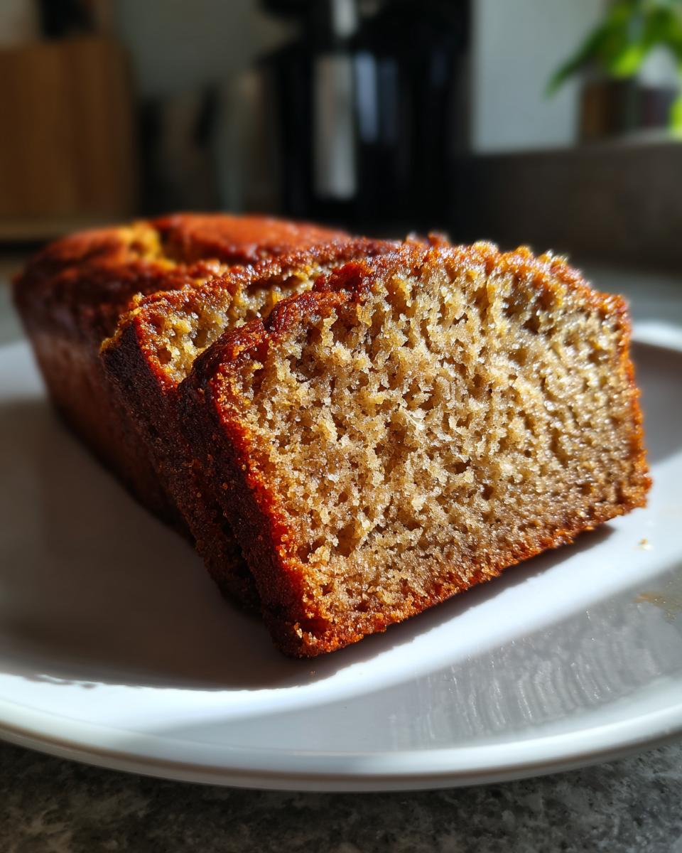 A close-up of a slice of moist honey vanilla banana bread on a white plate.