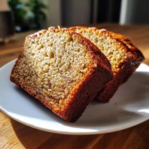 Two moist slices of Honey Vanilla Banana Bread on a white plate, showcasing a golden-brown crust and tender crumb.