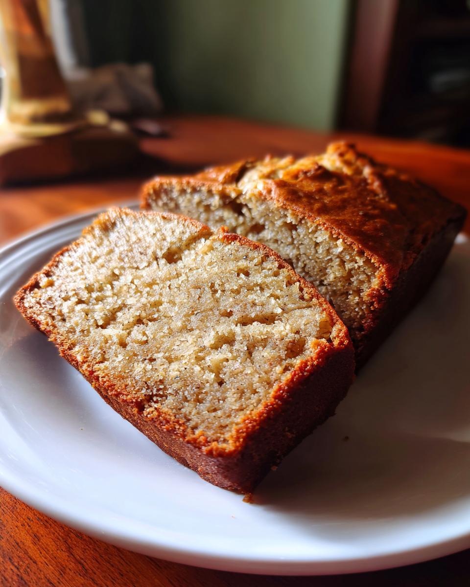Close-up of two slices of moist honey vanilla banana bread on a white plate.
