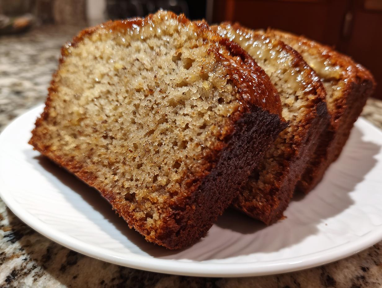 Three moist slices of honey vanilla banana bread on a white plate, showcasing a golden-brown crust and tender crumb.