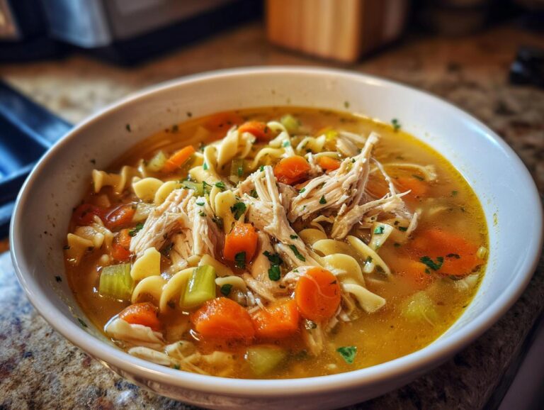 A close-up bowl of Italian penicillin soup filled with shredded chicken, pasta noodles, carrots, and celery, garnished with parsley.