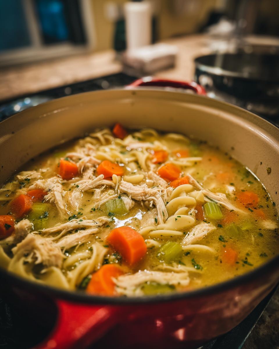 A close-up view of a pot filled with steaming Italian penicillin soup, featuring shredded chicken, egg noodles, carrots, and celery.