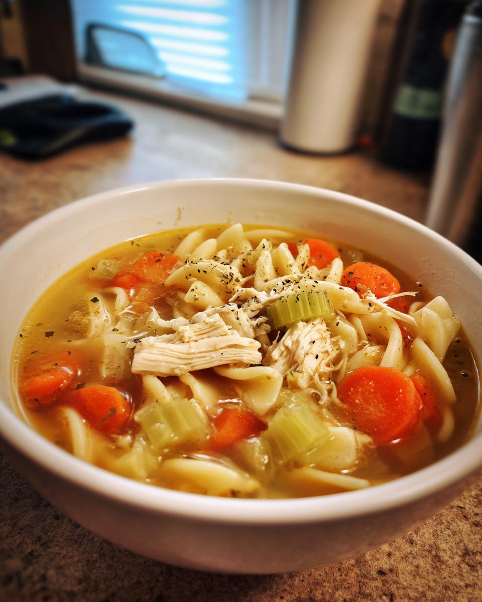 A close-up of a steaming bowl of Italian penicillin soup, featuring shredded chicken, pasta noodles, carrots, and celery.