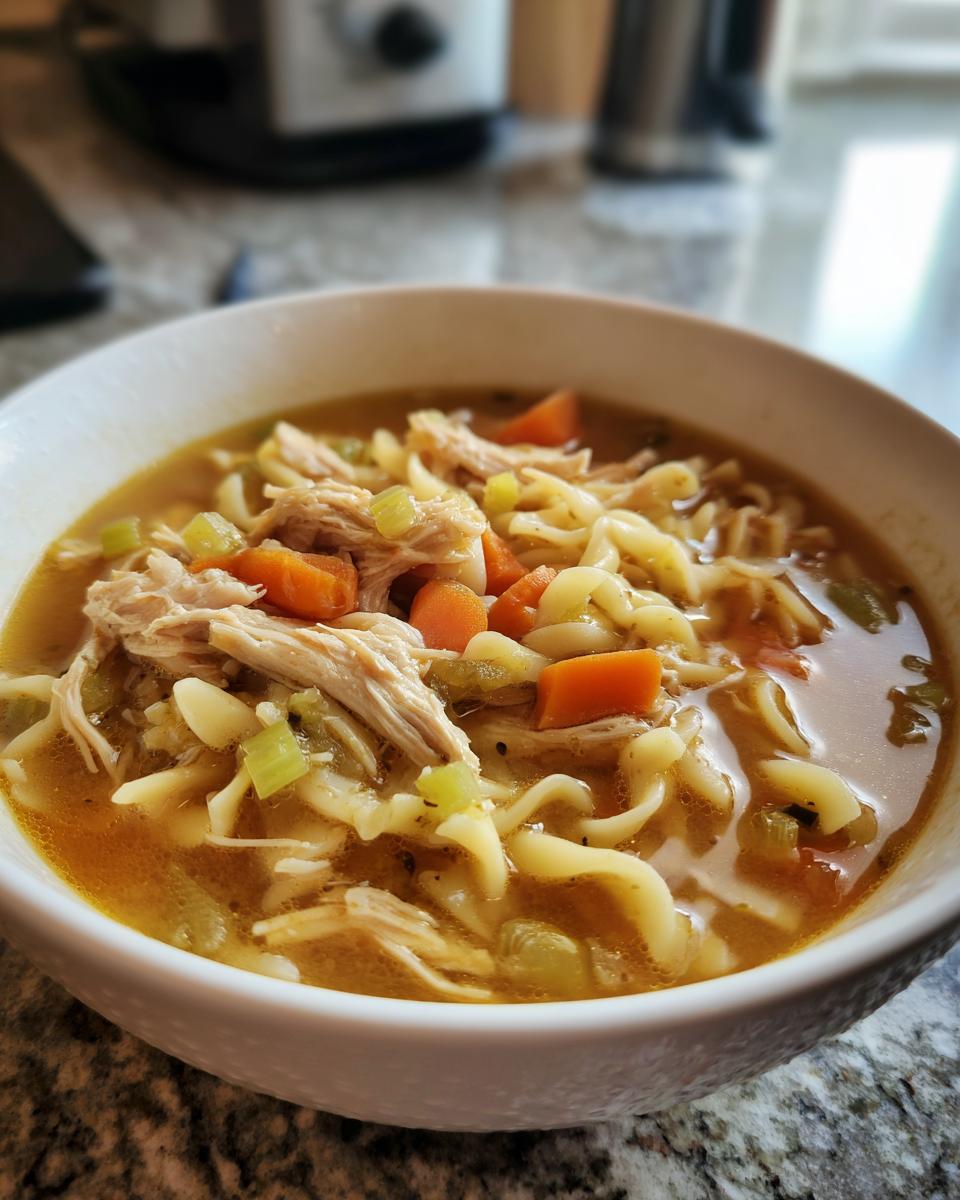 A close-up of a bowl of Italian penicillin soup featuring shredded chicken, egg noodles, carrots, and celery in a flavorful broth.