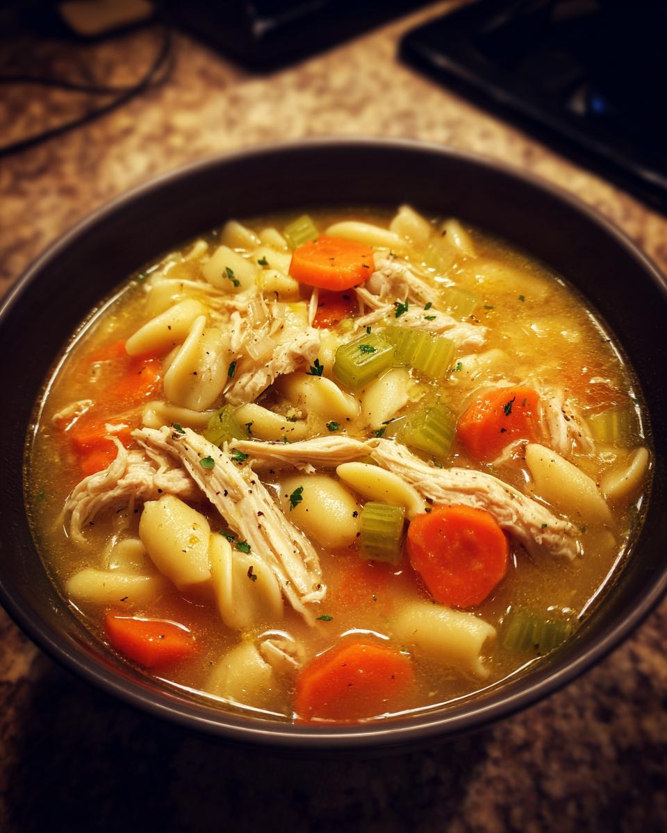 A close-up bowl of Italian penicillin soup filled with shredded chicken, pasta shells, carrots, and celery, garnished with parsley.