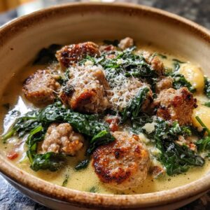 A close-up of a bowl of Italian sausage spinach soup, featuring browned sausage pieces, wilted spinach, and gnocchi, topped with grated Parmesan cheese.