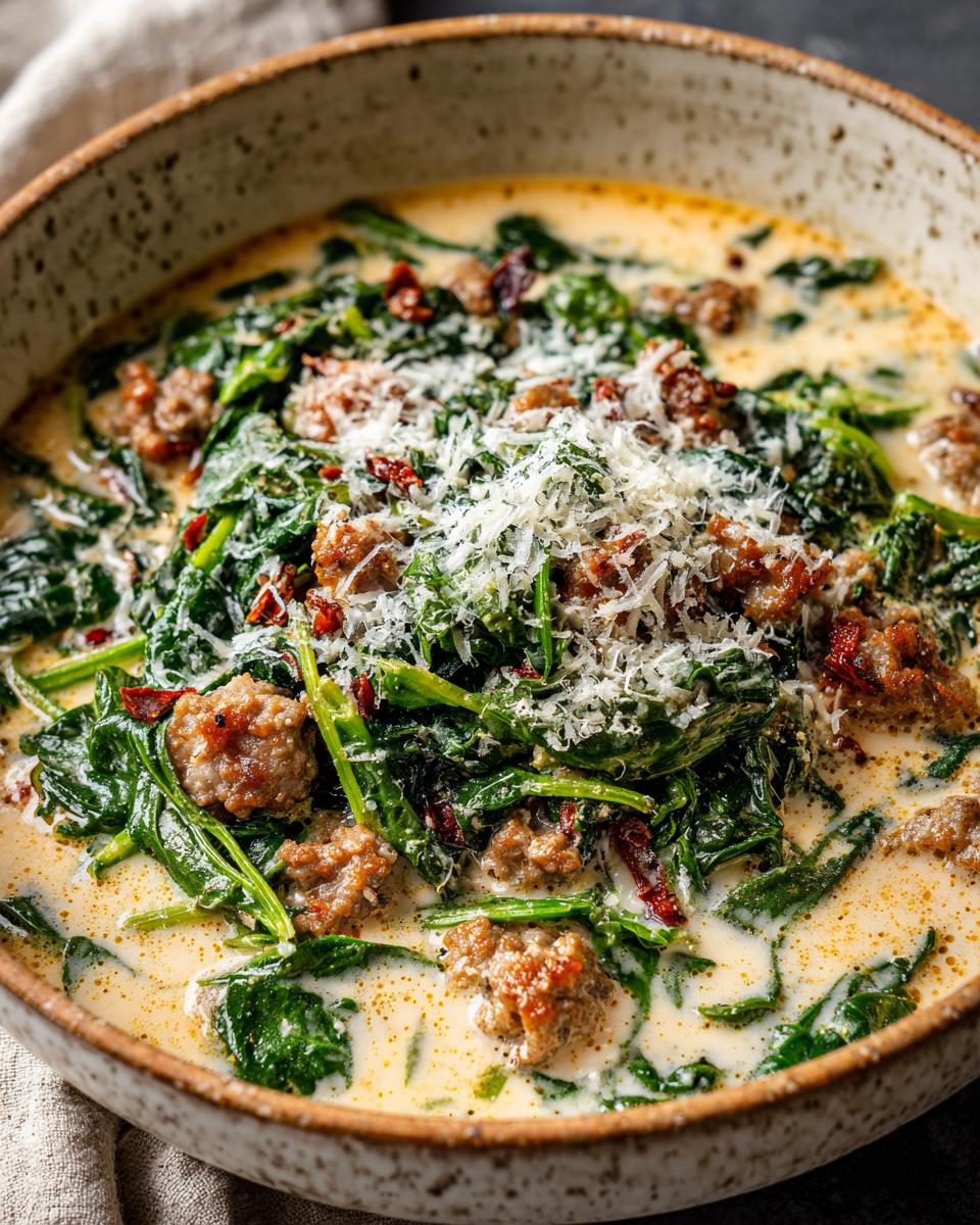 Close-up of a bowl of hearty Italian sausage spinach soup, topped with shredded Parmesan cheese.