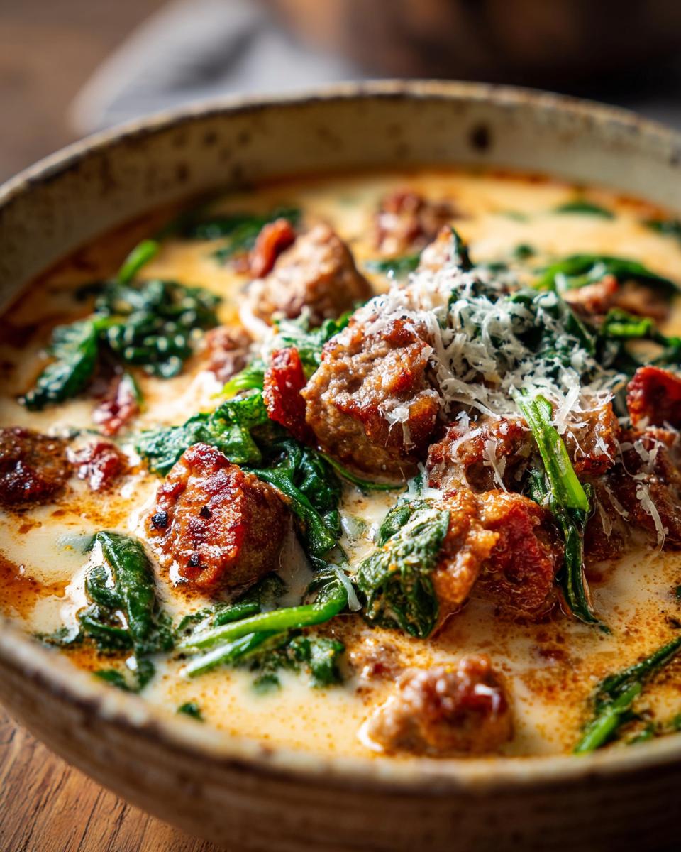 Close-up of a bowl of Italian sausage spinach soup, featuring chunks of sausage, wilted spinach, and a creamy broth topped with grated Parmesan.