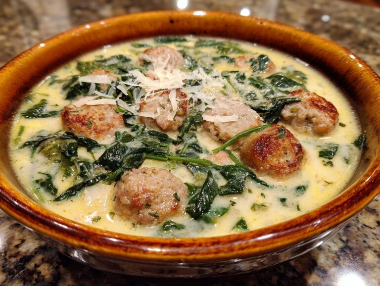 A close-up of a bowl of hearty Italian sausage spinach soup, topped with shredded Parmesan cheese.