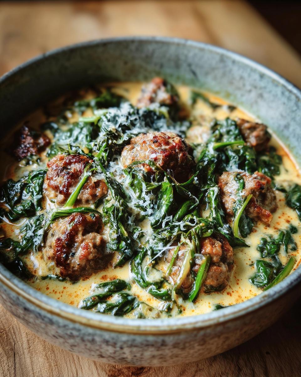 A close-up of a bowl of Italian sausage spinach soup, featuring tender meatballs and wilted spinach in a creamy broth, topped with grated Parmesan.