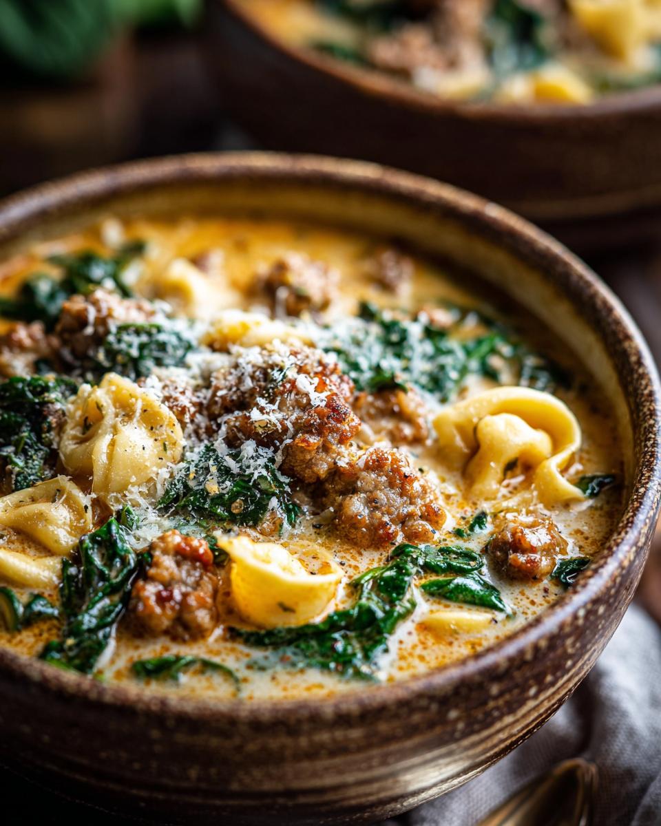 A close-up of a bowl of hearty Italian sausage spinach soup with tortellini and grated Parmesan cheese.