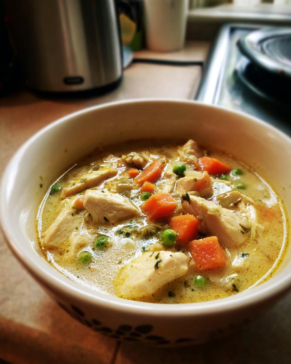 Close-up of a bowl of creamy keto chicken pot pie soup with tender chicken, carrots, and peas.