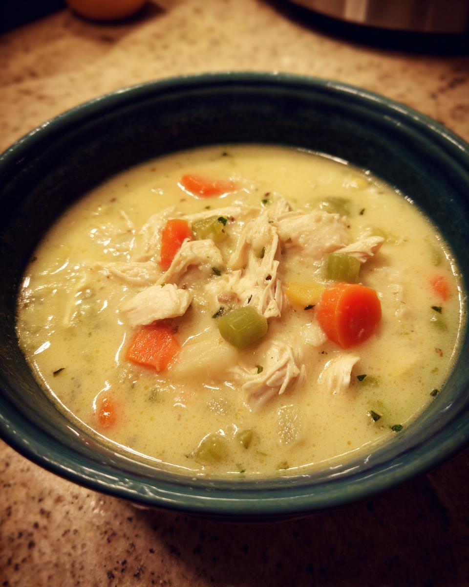 A close-up of a bowl of creamy keto chicken pot pie soup, filled with shredded chicken, carrots, and celery.