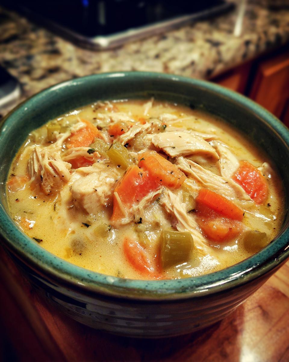 A close-up of a bowl of creamy keto chicken pot pie soup with shredded chicken, carrots, and celery.