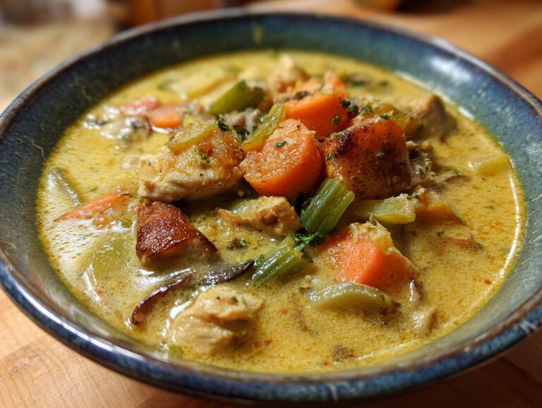 A close-up of a bowl of creamy keto chicken pot pie soup, filled with tender chicken pieces, carrots, celery, and herbs.