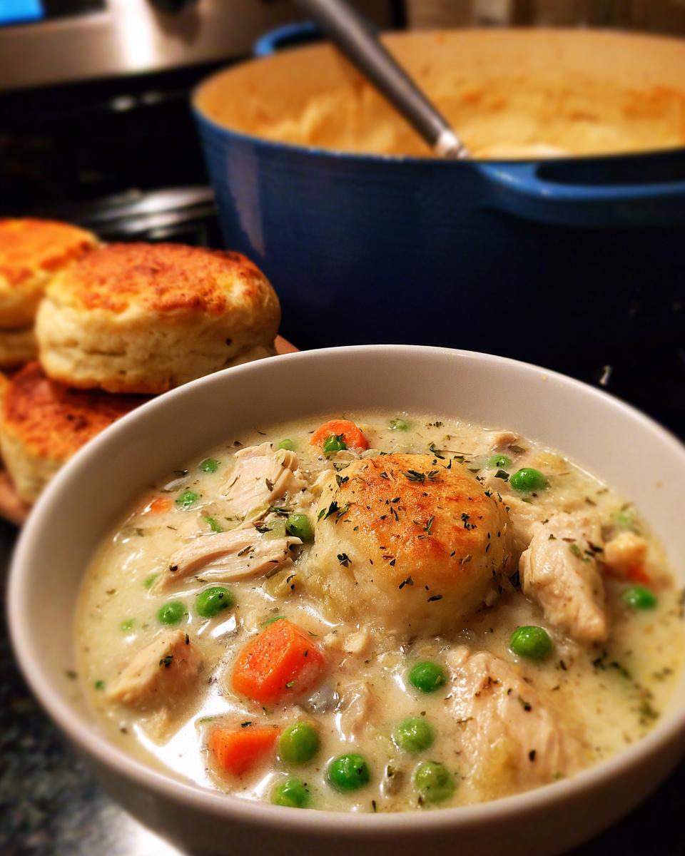 A bowl of creamy keto chicken pot pie soup with chicken, peas, carrots, and a biscuit topping.