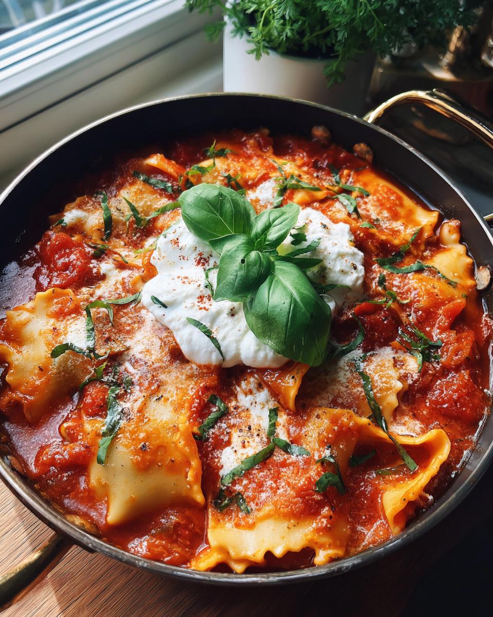 A close-up of a pan filled with hearty Lasagna Soup, featuring ravioli, rich tomato sauce, creamy ricotta, and fresh basil.