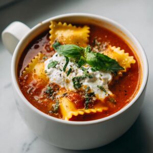 A close-up of a bowl of hearty Lasagna Soup topped with ravioli, ricotta cheese, and fresh basil.