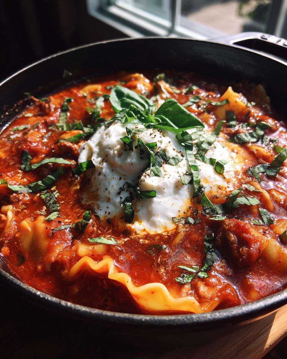 Close-up of a bowl of hearty Lasagna Soup topped with a dollop of ricotta cheese and fresh basil.