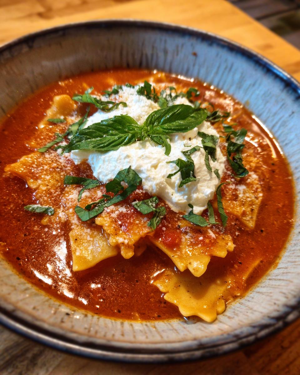 A close-up of a bowl of hearty Lasagna Soup, featuring ravioli pasta in a rich tomato broth, topped with creamy ricotta cheese, fresh basil, and grated Parmesan.