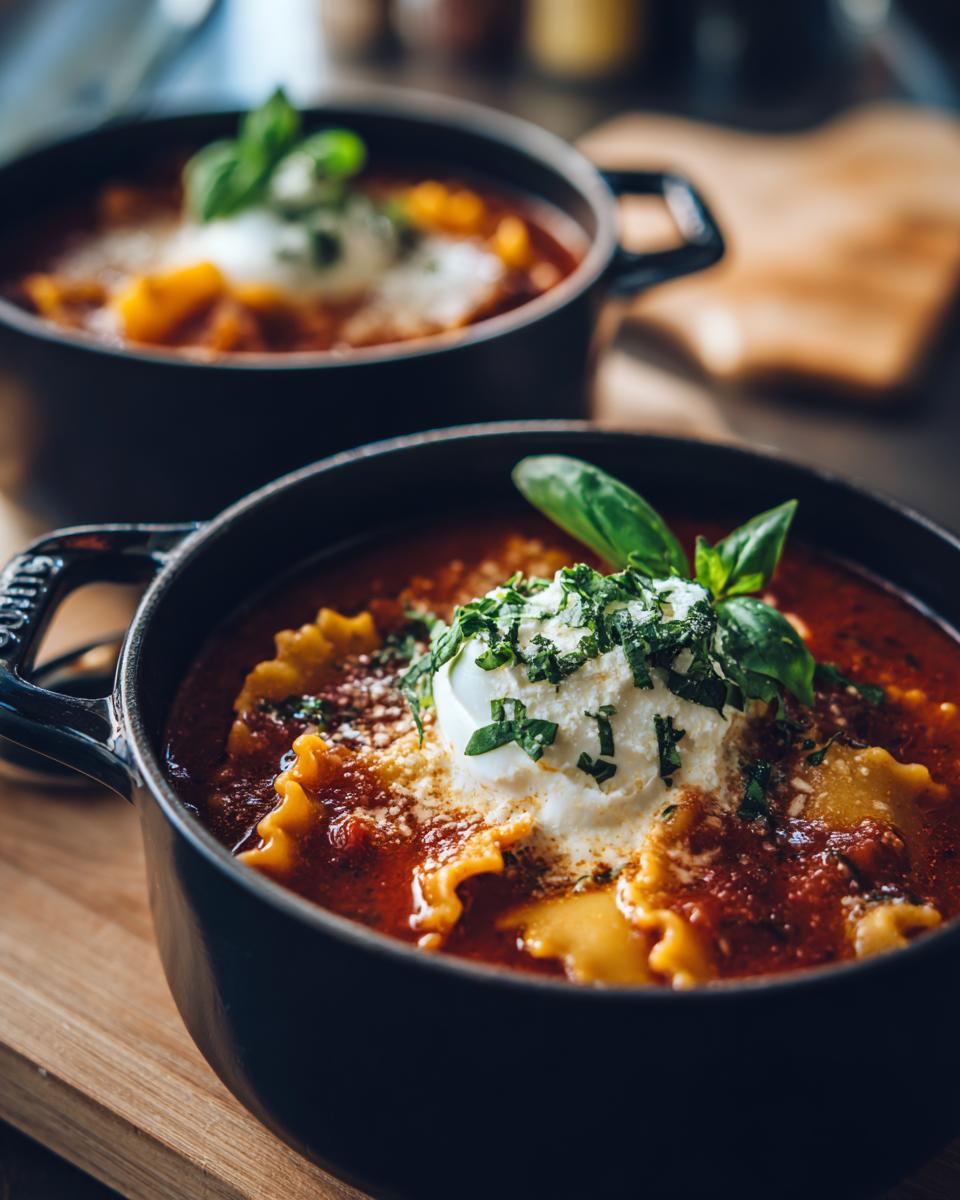 A close-up of a bowl of Lasagna Soup topped with creamy ricotta, fresh basil, and parsley.