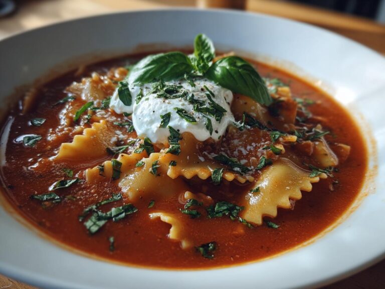 A close-up of a bowl of hearty Lasagna Soup, featuring ruffled pasta, rich tomato broth, a dollop of ricotta, and fresh basil.