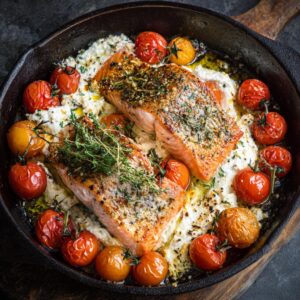 Two fillets of perfectly cooked salmon, seasoned with herbs, sit atop a creamy white sauce surrounded by roasted cherry tomatoes in a cast iron skillet.