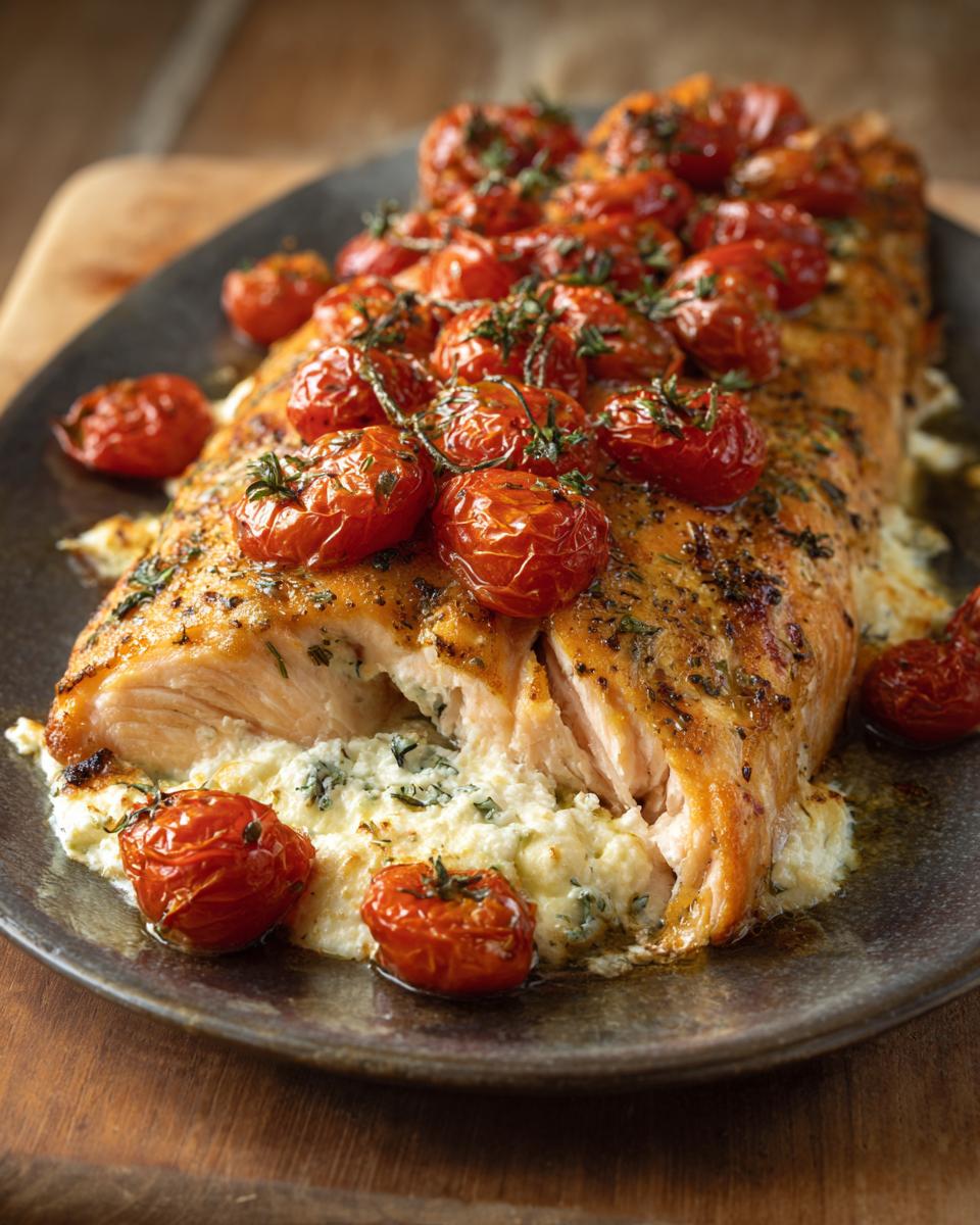 A whole salmon fillet topped with roasted cherry tomatoes, served over a creamy sauce. Lazy girl salmon dinner.