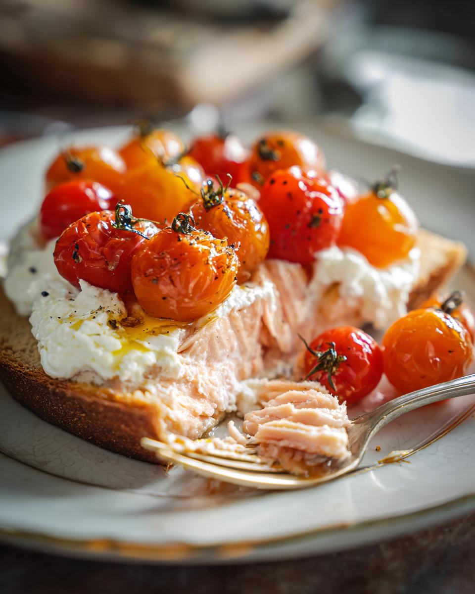 A piece of salmon on toast with ricotta and roasted cherry tomatoes, a fork taking a bite of the salmon.