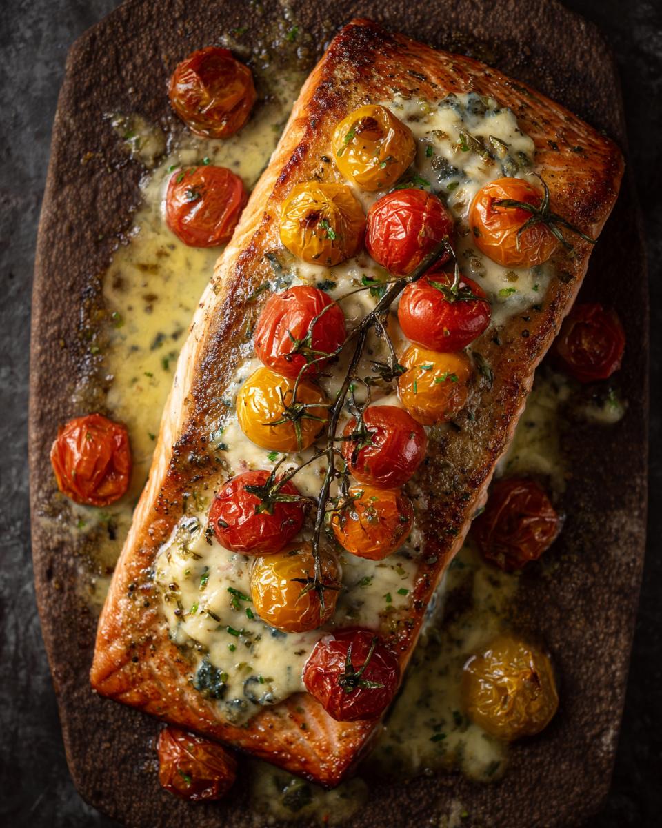 A delicious Lazy Girl Salmon Dinner featuring a flaky salmon fillet topped with roasted cherry tomatoes and a creamy sauce.