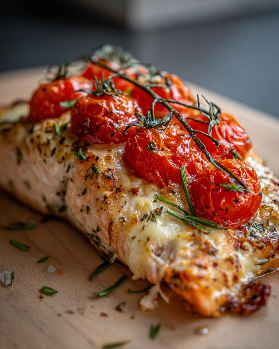 A close-up of a delicious Lazy Girl Salmon Dinner, topped with roasted cherry tomatoes and melted cheese, garnished with rosemary.