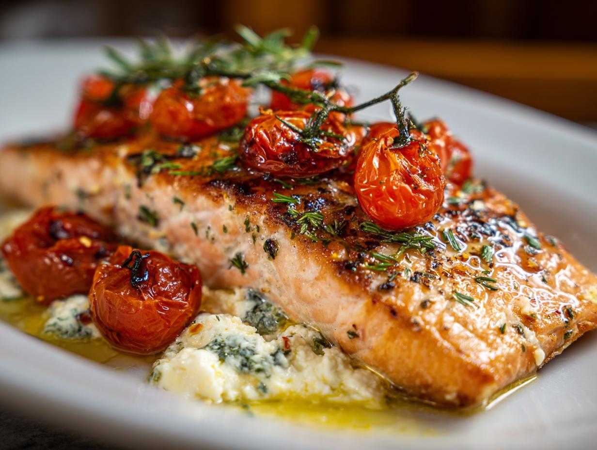 A perfectly cooked piece of salmon, topped with roasted cherry tomatoes and rosemary, served over a creamy sauce. This is a lazy girl salmon dinner.