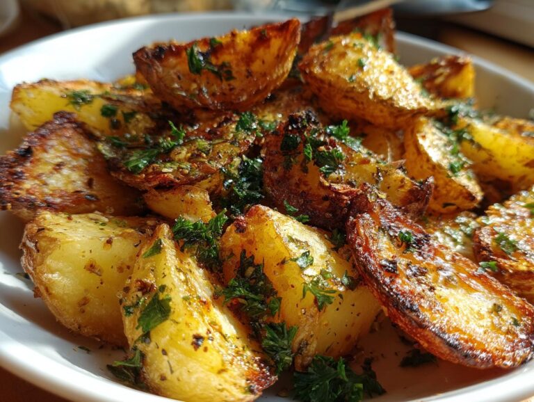 A close-up of golden-brown, crispy Lemon Greek potatoes sprinkled with fresh parsley.